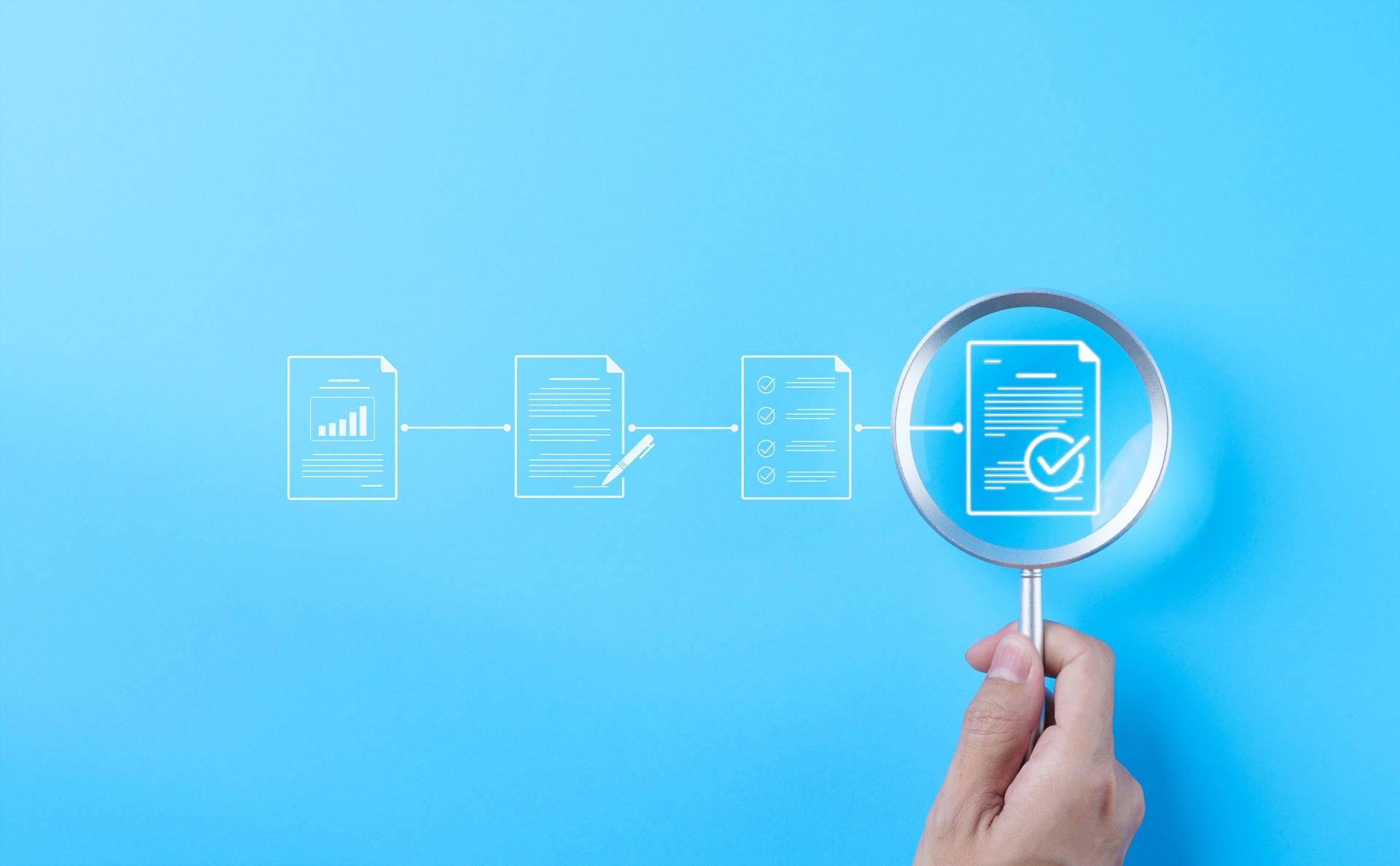 Document review process and quality control concept. Hand holding magnifying glass over a document icon with checklist, Document review and approval. Certificate management, Audit, Standardization,