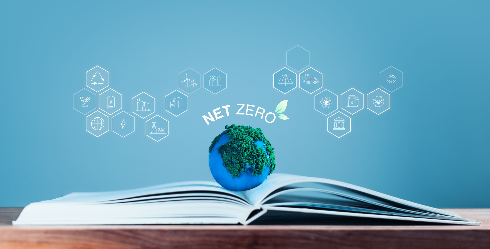 Net Zero Initiative: Book Surrounded by Earth and Icons