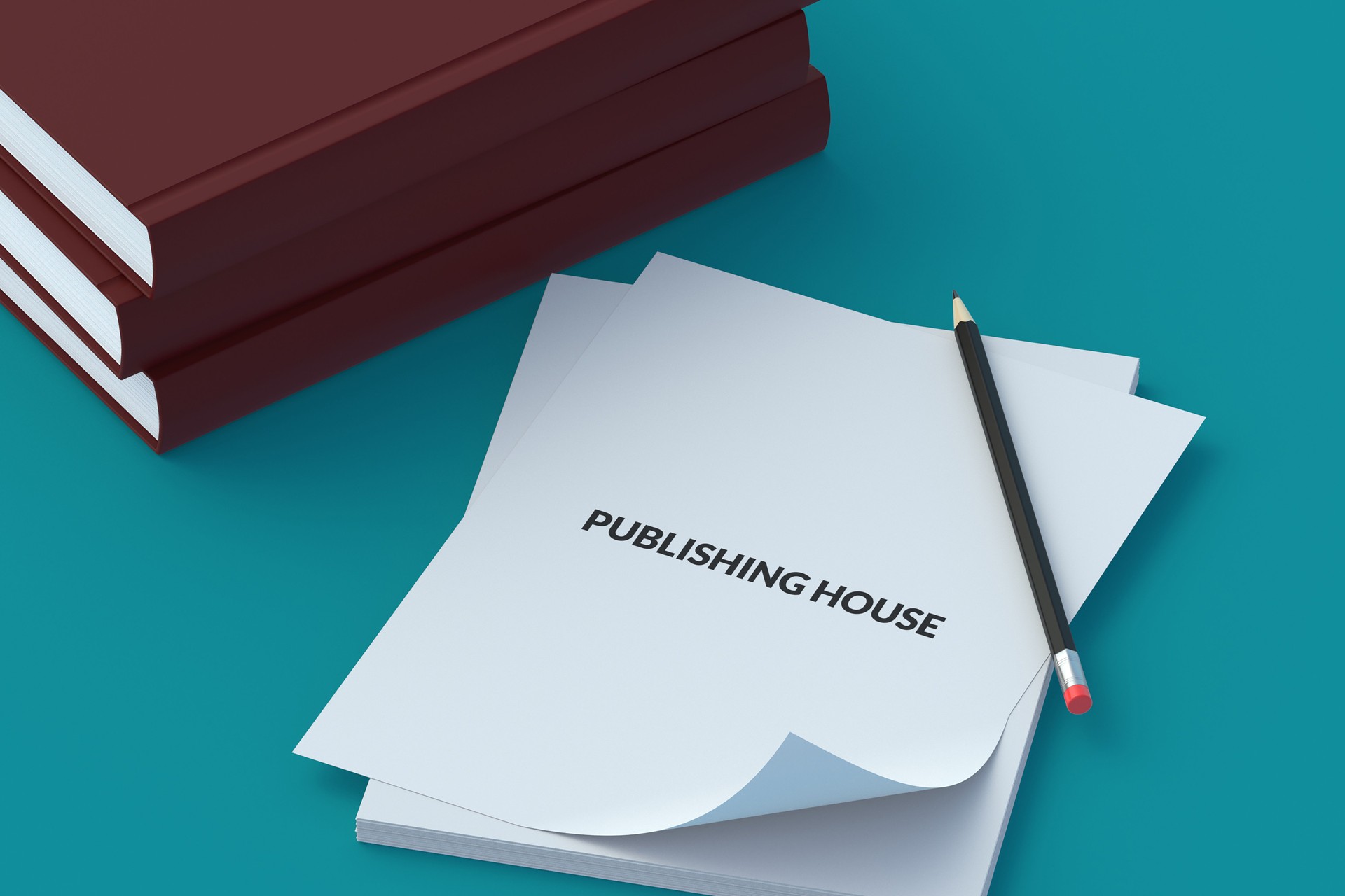 Stack of paper sheets with inscription publishing house near books. Printing literatury concept. 3d render